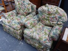 A PAIR OF DEEP SEAT ARMCHAIRS WITH FEATHER CUSHIONS.