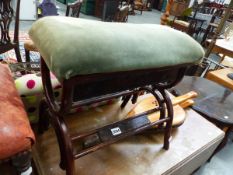 AN UNUSUAL BENTWOOD STOOL, ANOTHER STOOL AND A SET OF BELLOWS.