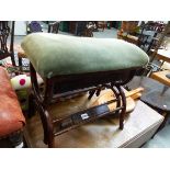 AN UNUSUAL BENTWOOD STOOL, ANOTHER STOOL AND A SET OF BELLOWS.