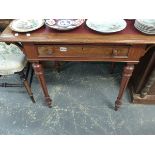 A SMALL VICTORIAN WALNUT WRITING TABLE AND A SIMILAR PERIOD SIDE CHAIR.