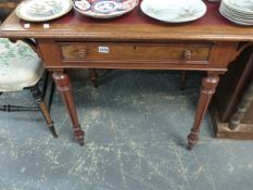 A SMALL VICTORIAN WALNUT WRITING TABLE AND A SIMILAR PERIOD SIDE CHAIR.