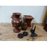 A BOX OF COLLECTABLES, AN UNUSUAL ORIENTAL CARVED WOOD VESSEL, HARDWOOD STANDS,ETC.