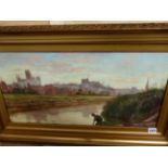LATE 19th.C.ENGLISH SCHOOL. CATHEDRAL TOWN BY A RIVER, OIL ON CANVAS. 31x61cms.