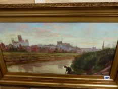 LATE 19th.C.ENGLISH SCHOOL. CATHEDRAL TOWN BY A RIVER, OIL ON CANVAS. 31x61cms.