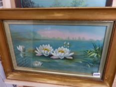 EARLY 20th.C.SCHOOL. A STUDY OF WATER LILIES, SIGNED OIL ON CANVAS AND ANOTHER OF GEESE BY ANOTHER