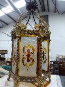 A LARGE GILT BRASS AND GLASS HALL LANTERN.