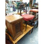 AN INLAID OAK COFFEE TABLE, A COAL BOX AND A VICTORIAN SIDE CHAIR.