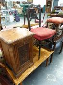 AN INLAID OAK COFFEE TABLE, A COAL BOX AND A VICTORIAN SIDE CHAIR.