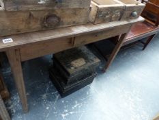 A CONTINENTAL SIDE TABLE FOR RESTORATION AND TWO TIN DEED BOXES.