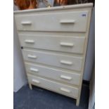 A VINTAGE PAINTED PINE FIVE DRAWER CHEST AND A PAINTED WARDROBE.