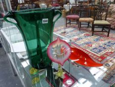 A REED AND BARTON BURNT ORANGE DISH TOGETHER WITH AN ART GLASS GREEN VASE AND A FLORAL VASE.