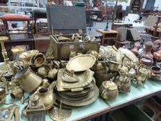 A LARGE COLLECTION OF VICTORIAN AND LATER COPPER AND BRASSWARES, PLATED ITEMS,ETC.