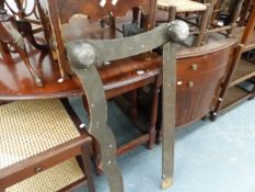 A MAHOGANY DROP LEAF DINING TABLE TOGETHER WITH A GEORGIAN BOW FRONT COMMODE AND A TEA TROLLEY.