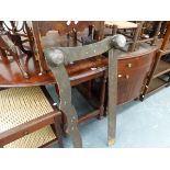 A MAHOGANY DROP LEAF DINING TABLE TOGETHER WITH A GEORGIAN BOW FRONT COMMODE AND A TEA TROLLEY.