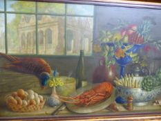 PETER STEBBING (20th.C.) A TABLE TOP STILL LIFE WITH ARCHITECTURAL BACKGROUND, SIGNED OIL ON