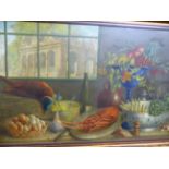 PETER STEBBING (20th.C.) A TABLE TOP STILL LIFE WITH ARCHITECTURAL BACKGROUND, SIGNED OIL ON