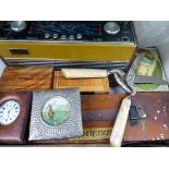 A BOX OF COLLECTABLES TO INCLUDE A CASED POCKET WATCH AND OTHERS, A TELESCOPE, ROBERTS RADIO, ETC.