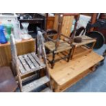 A SET OF PINE SCULLERY STEPS, THREE STOOLS AND A SMALL TABLE.