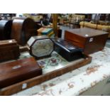 A VICTORIAN WRITING BOX, VARIOUS OTHER BOXES AND AN ART DECO MANTLE CLOCK BY MANSELL.