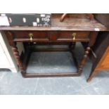 AN 18th.C.AND LATER OAK SIDE TABLE WITH DRAWER AND BASE STRETCHERS.