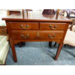 A LATE GEORGIAN MAHOGANY LOW BOY WITH TWO SHORT AND ONE LONG DRAWER