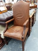 A GOOD QUALITY GEORGIAN STYLE LEATHER UPHOLSTERED ARMCHAIR.