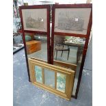 A PAIR OF ANTIQUE MAHOGANY FRAMED MIRRORS AND A GILT FRAMED WALL MIRROR.