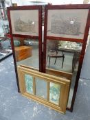 A PAIR OF ANTIQUE MAHOGANY FRAMED MIRRORS AND A GILT FRAMED WALL MIRROR.