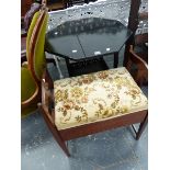 AN AESTHETIC EBONISED OCCASIONAL TABLE AND AN ART NOUVEAU INLAID PIANO STOOL.