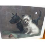 A HAND COLOURED PRINT AFTER MARGRET COLLYER OF TWO DOGS, SCOTTY AND KHAKI.
