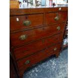 AN EARLY 19th.C.MAHOGANY AND EBONY STRUNG CHEST OF TWO SHORT, THREE LONG DRAWERS.