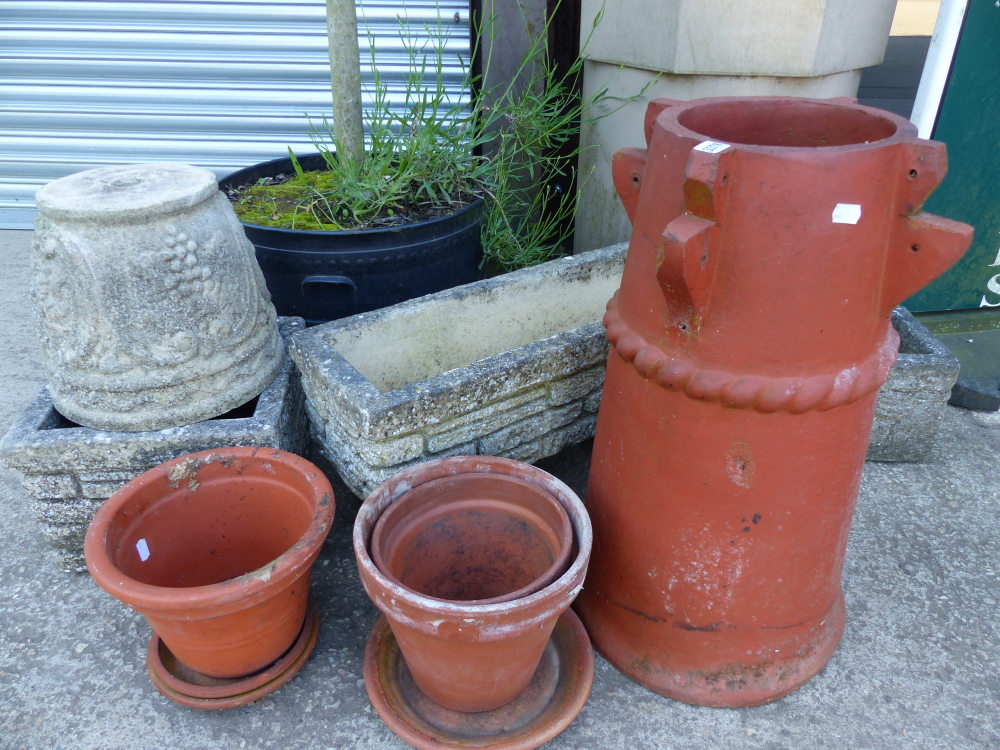 A CHIMNEY POT, VARIOUS PLANT POTS, ETC