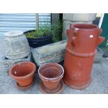 A CHIMNEY POT, VARIOUS PLANT POTS, ETC