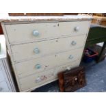 A VICTORIAN PAINTED PINE CHEST OF FIVE LONG DRAWERS.