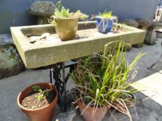 A STONE TROUGH ON A CAST IRON BASE