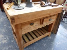 A VINTAGE PINE KITCHEN PREP UNIT WITH INSET MARBLE SLAB.