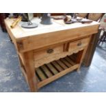 A VINTAGE PINE KITCHEN PREP UNIT WITH INSET MARBLE SLAB.