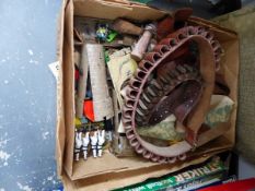 A BOX OF VINTAGE TOYS, CARTRIDGE BELTS,ETC.