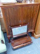 A VICTORIAN SWING MIRROR WITH TWO DRAWER BASE AND A VICTORIAN OVERMANTLE MIRROR.