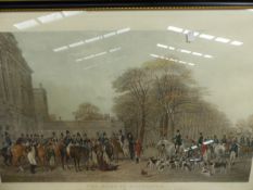 A HAND COLOURED FOLIO PRINT THE MEET AT BADMINTON, A RIVER SCENE AND ANOTHER HUNT PRINT. (3)