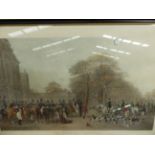 A HAND COLOURED FOLIO PRINT THE MEET AT BADMINTON, A RIVER SCENE AND ANOTHER HUNT PRINT. (3)
