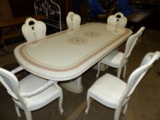 AS NEW ITALIAN EXTENDING DINING TABLE AND SIX CHAIRS
