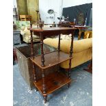 A VICTORIAN WALNUT AND INLAID THREE TIER WHAT NOT.