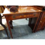 AN EDWARDIAN MAHOGANY AND SATINWOOD INLAID SIDE TABLE.