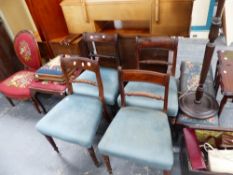 A SET OF FOUR LATE GEORGIAN MAHOGANY DINING CHAIRS.