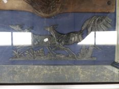 AN UNUSUAL CAST IRON ART DECO STYLE PLAQUE DEPICTING GAZELLES.