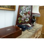 A VICTORIAN ROSEWOOD BOX, A VICTORIAN BEADWORK AND EMBROIDERED PANEL, HANDBAGS AND A LAMP.