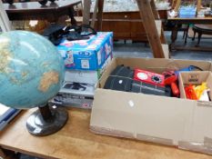 A GLOBE ON STAND, VARIOUS SCALEXTRIC, ROLLER BOOTS AND OTHER COLLECTABLES.