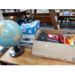 A GLOBE ON STAND, VARIOUS SCALEXTRIC, ROLLER BOOTS AND OTHER COLLECTABLES.