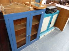TWO PANTED CABINETS AND A CUTLERY TRAY